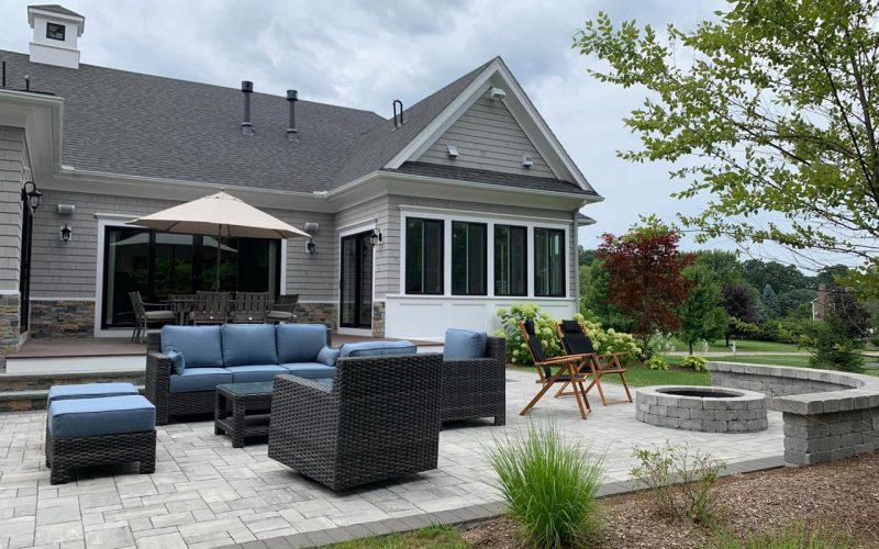 Custom Patio with Fire Pit & Veneer in Franklin, MA – Treo Pavers by Unilock Installed by Fieldstone Pros